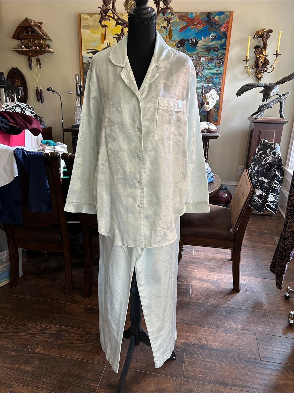 Earth Angels Sz S Satin Pajama Set Floral Jaquard Mint Seafoam